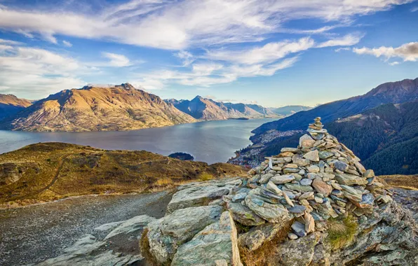 Picture the sky, mountains, lake, stones, pyramid, new Zealand, New Zealand, Queenstown