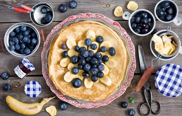 Picture berries, food, blueberries, jars, bananas, dishes, pancakes, jam, pancakes