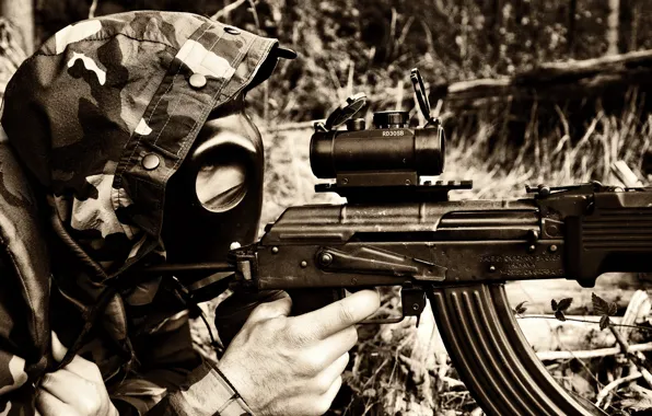 Picture weapons, ambush, machine, hood, gas mask, male, camouflage