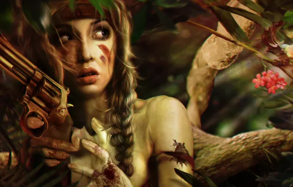 Picture girl, trees, face, weapons, fear, fiction, blood, hair, braids, revolver