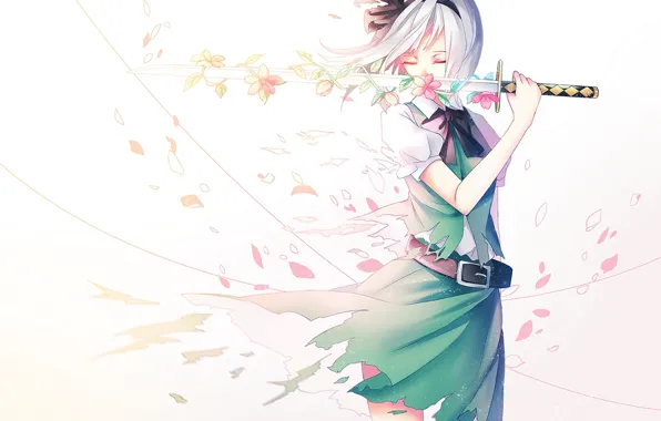 Picture girl, flowers, weapons, katana, anime, petals, Sakura, art, touhou, konpaku youmu, ling, vivianling