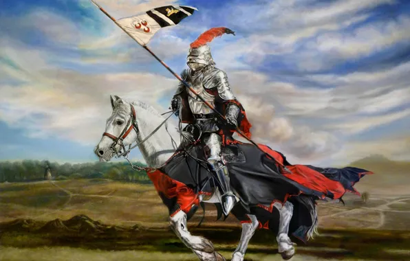 Picture figure, armor, art, knight, spear, armor, horse, pennant, jumping
