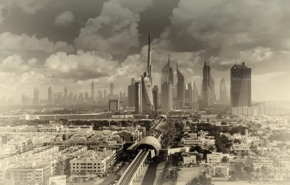 Picture clouds, the city, Dubai, Dubai, UAE, Burj Khalifa, sand city