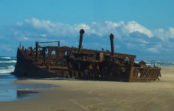 Picture sand, sea, the sky, clouds, ship, rust