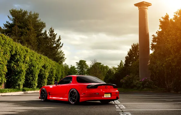 Picture the sun, trees, Parking, red, Mazda, Blik, red, column, Mazda, RX-7