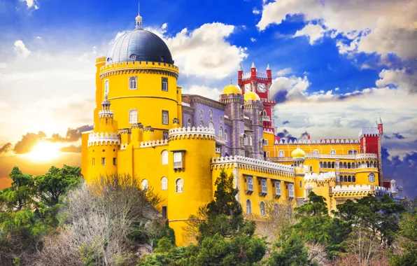 Picture the sky, the sun, clouds, trees, yellow, castle, Portugal, Palace, Pena Palace