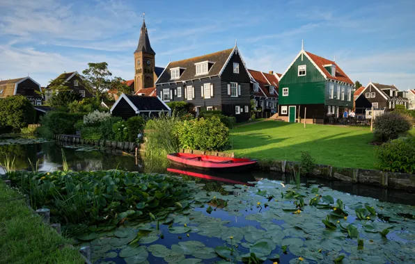 Picture pond, boat, home, Netherlands, Marken