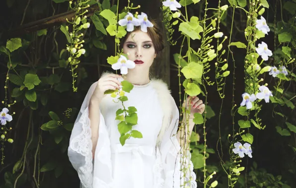 Picture look, girl, flowers, youth, tenderness, beauty, spring, white dress, charm, vines, Anastasia Tymoshko
