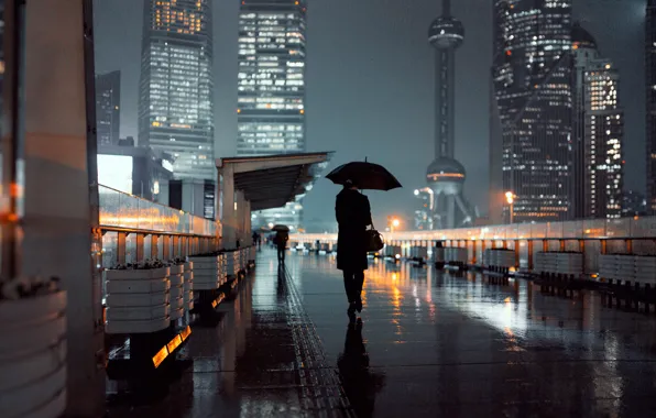 Picture girl, lights, street, umbrellas, Shanghai, Oriental Pearl Shanghai, Shanghai tower
