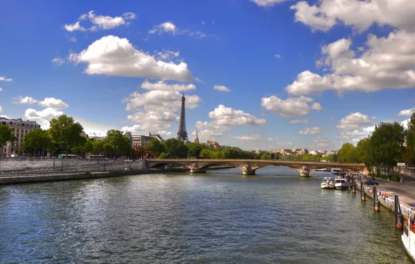 Picture the sky, clouds, bridge, river, France, Paris, channel, Paris, river, sky, bridge, France, clouds, Eiffel …
