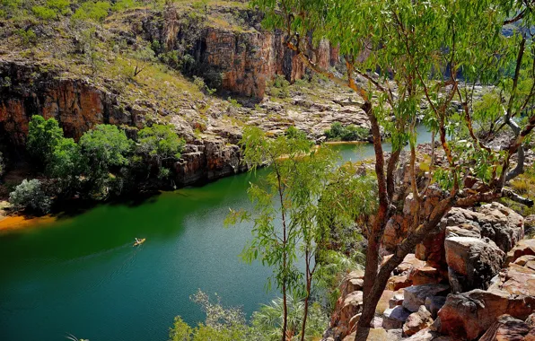 Picture trees, river, stones, rocks, boat, Australia, National Park Nitmiluk