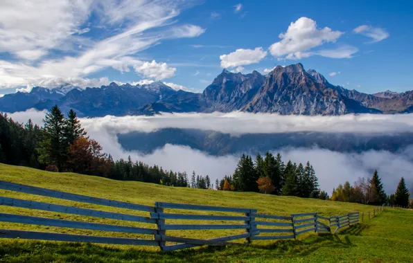 Picture clouds, mountains, the fence, Switzerland, Alps, meadow, Switzerland, Alps, Uri-Rotstock, Uri Alps, Brunnistock