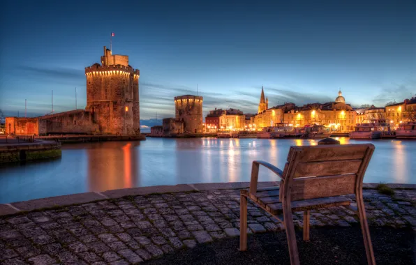Picture the city, lights, coast, France, the evening, pavers, chair, Bay, France, The Old Port, La …