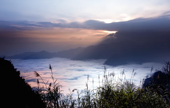 Picture the sky, clouds, sunset, mountains, fog, height, the evening, Taiwan, haze, sunlight