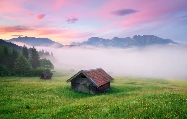 Picture fog, the evening, Germany, Alps, houses, Michael Breitung, Bovary