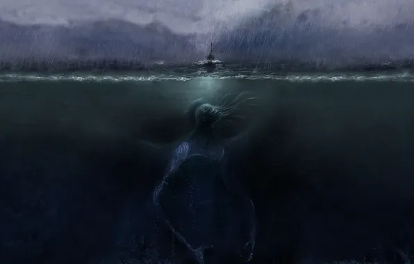 Picture sea, the storm, rain, darkness, boat, Cthulhu, cthulhu