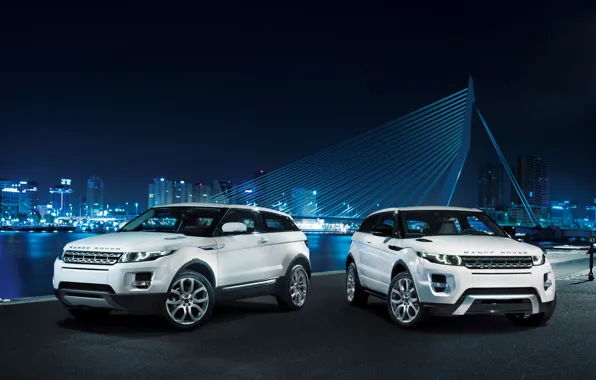 Picture white, bridge, coupe, Land Rover, night city, range rover, coupe, the front, crossover, Ewok, land …