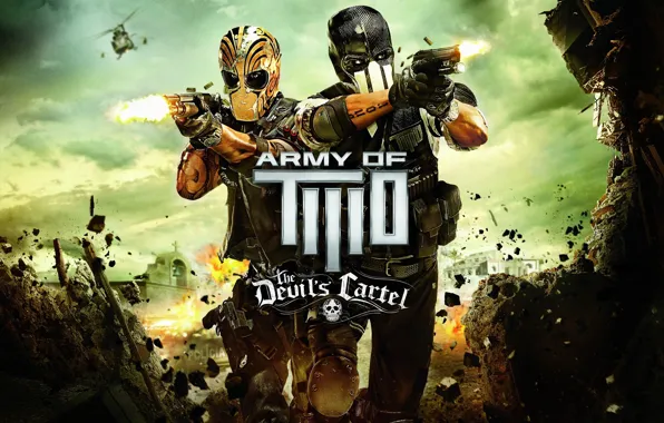 Picture the explosion, weapons, Mexico, helicopter, mask, equipment, Bravo, Alpha, Army of Two: The Devil's Cartel