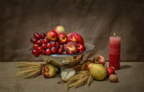 Picture apples, candle, walnut, grapes, fruit, still life, pear