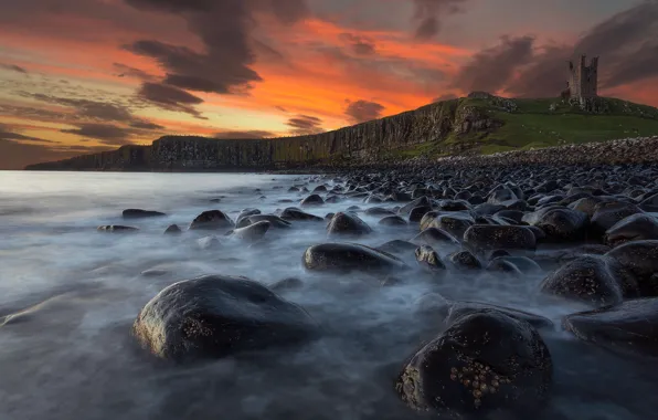 Picture sea, the sky, sunset, stones, England, Northumberland, Castle Dunstanburgh