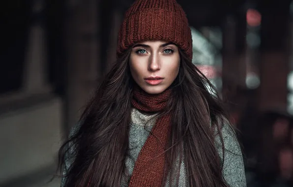 Picture look, girl, face, hat, portrait, makeup, scarf, brown hair, blue-eyed, beauty, bokeh, Yulia, Julia, Max …