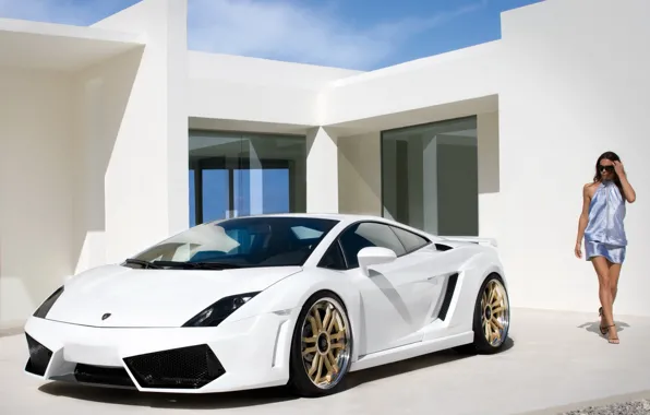 Picture girl, Lamborghini, white, sportcar
