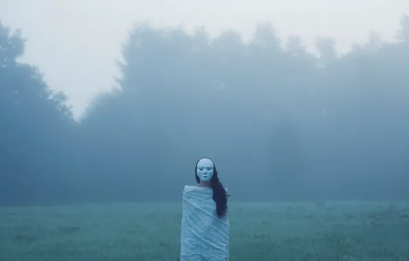 Picture field, forest, fog, figure, mask, horror