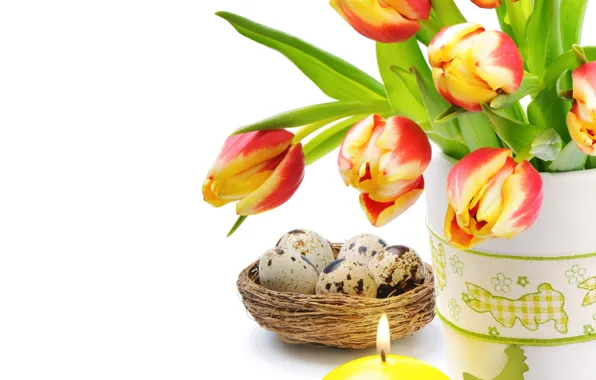 Picture flowers, eggs, candles, Easter, tulips, Easter