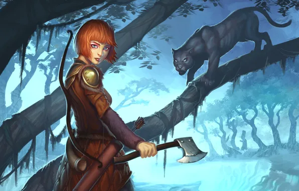 Picture cat, girl, weapons, tree, Panther, art, Guild Wars 2, Ranger
