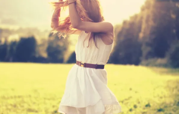 Picture greens, grass, girl, the sun, trees, joy, happiness, nature, background, Wallpaper, mood, positive, blonde, belt, …