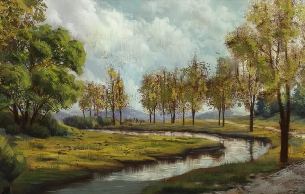 Picture clouds, trees, river, painted landscape
