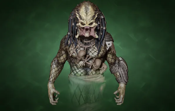 Picture rendering, monster, predator, alien, green background, predator