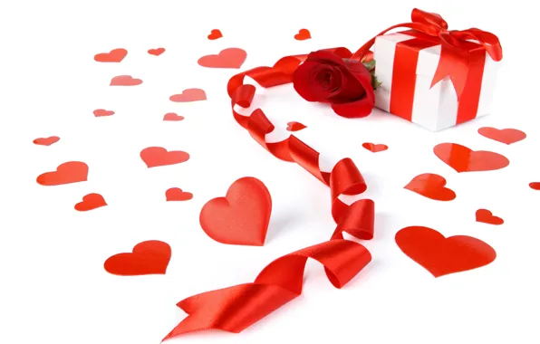 Picture BACKGROUND, WHITE, RED, MOOD, BOX, ROSE, TAPE, HEARTS, GIFT, BOW