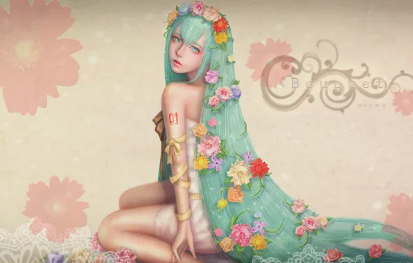 Picture flowers, roses, chamomile, dress, sitting, Hatsune Miku, Vocaloid, Flower Crown, Semi-realism, Hatsune, Vocaloid. Miku, Realistic