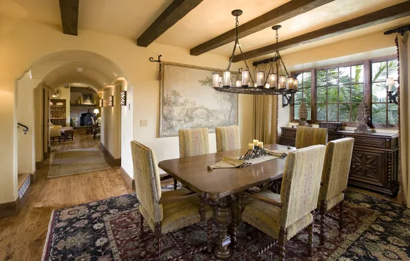 Picture dining room, living space, hacienda, Santa-Barbara, spanish interior