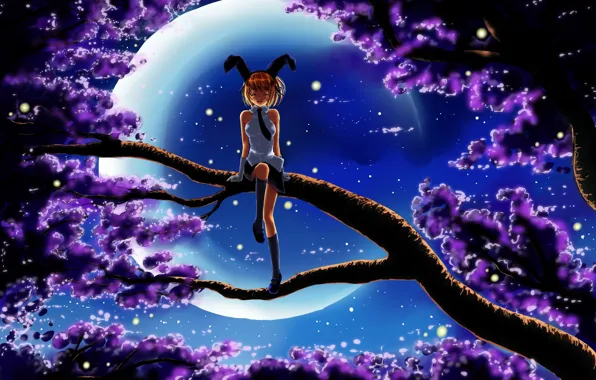 Picture flowers, night, branches, fireflies, emotions, tree, the moon, laughter, art, girl, form, ears, neko, sitting