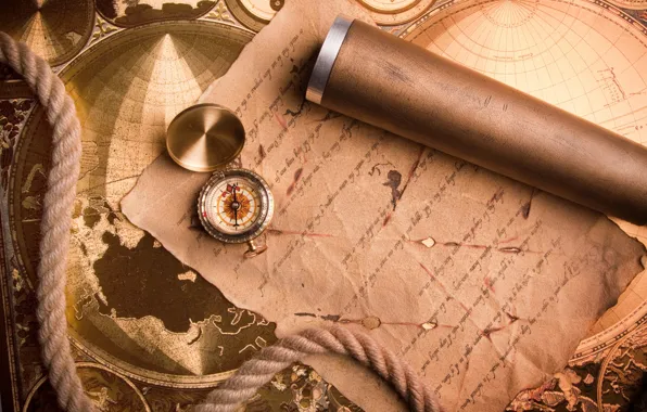 Picture map, rope, compass, the manuscript