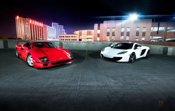 Picture white, night, red, the city, lights, Ferrari, Parking, Ferrari, supercar, F40, sports car, classic, McLaren …