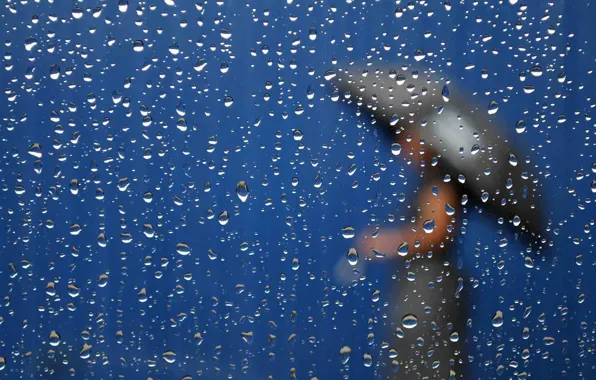 Picture glass, drops, rain, silhouette, woman in the rain