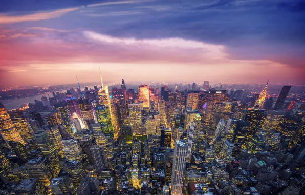 Picture sunset, the city, lights, New York, skyscrapers, the evening, USA, New York City