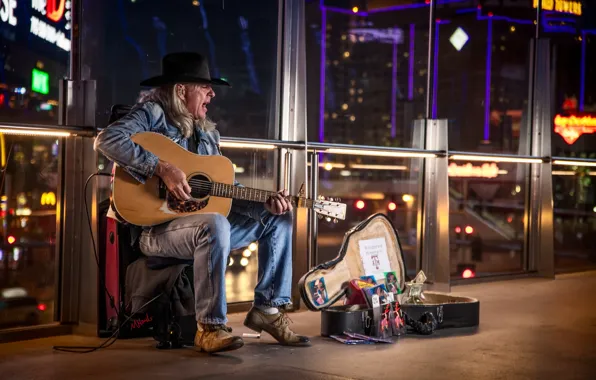 Picture guitar, man, Vegas, street performer