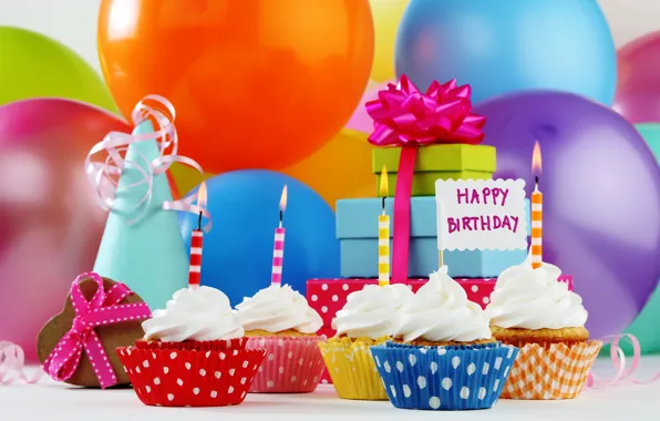 Picture balls, candles, gifts, Happy Birthday, cupcake, cupcakes, Birthday