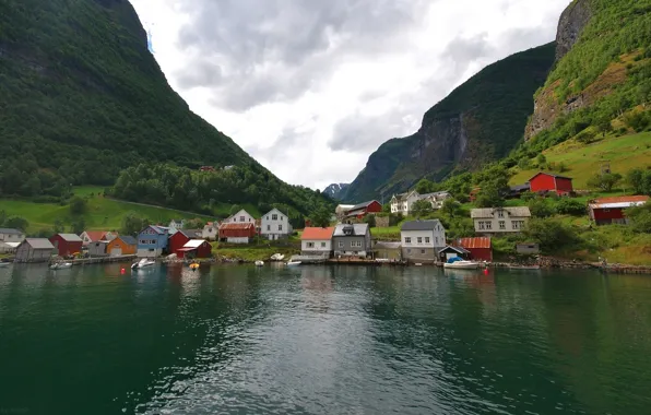 Picture mountains, village, Norway, houses, Norway, the fjord, Undredal