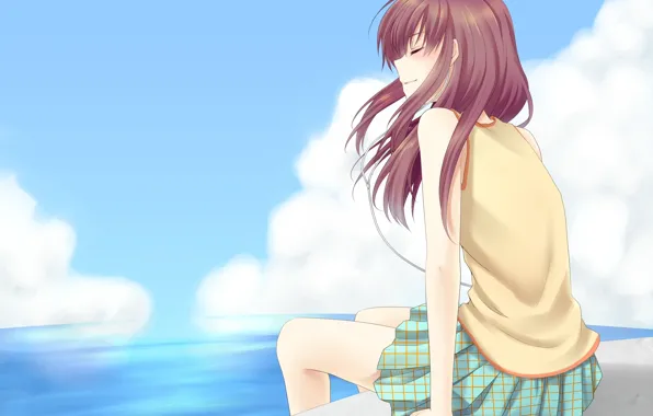 Picture the sky, girl, clouds, the ocean, anime, art, sitting, closed eyes, asausagi