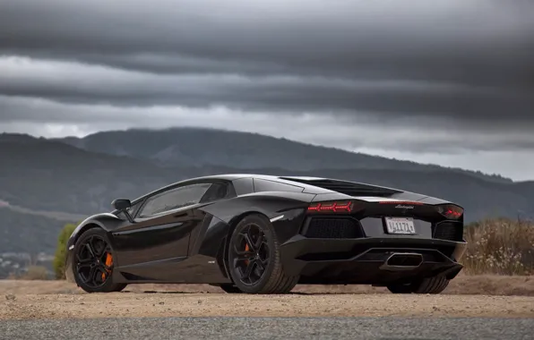 Picture Lamborghini, black, Aventador, rear-three-quarter