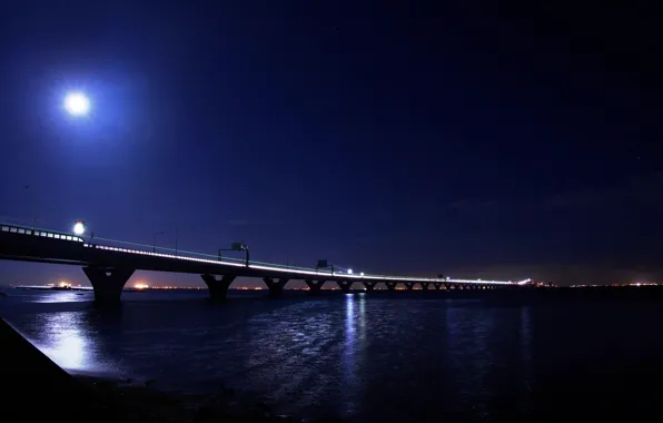 Picture light, night, bridge, the city, lights, the moon, light, moon, river, bridge, water