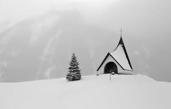Picture winter, snow, spruce, Alps, Church, Blizzard