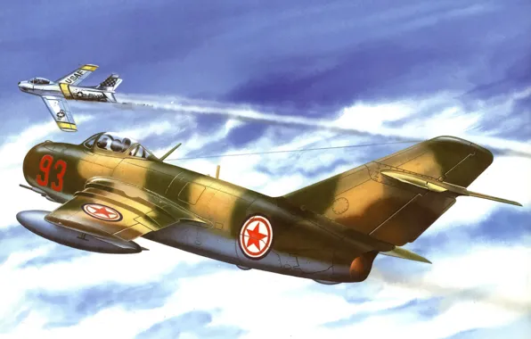 Picture war, art, painting, aviation, F-86 Sabre, Mig 15, korean war