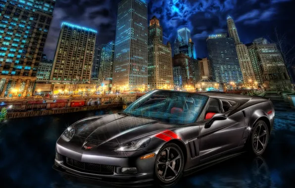 Picture the city, Corvette, Chevrolet, night city, skyscrapers, Chevrolet Corvette
