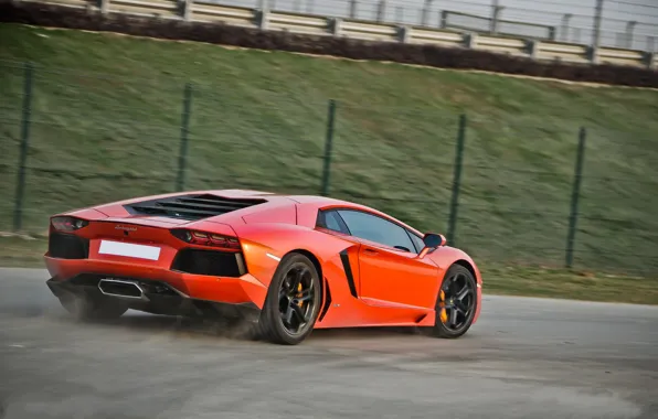 Picture road, orange, speed, the fence, lamborghini, orange, back, aventador, lp700-4, Lamborghini, aventador